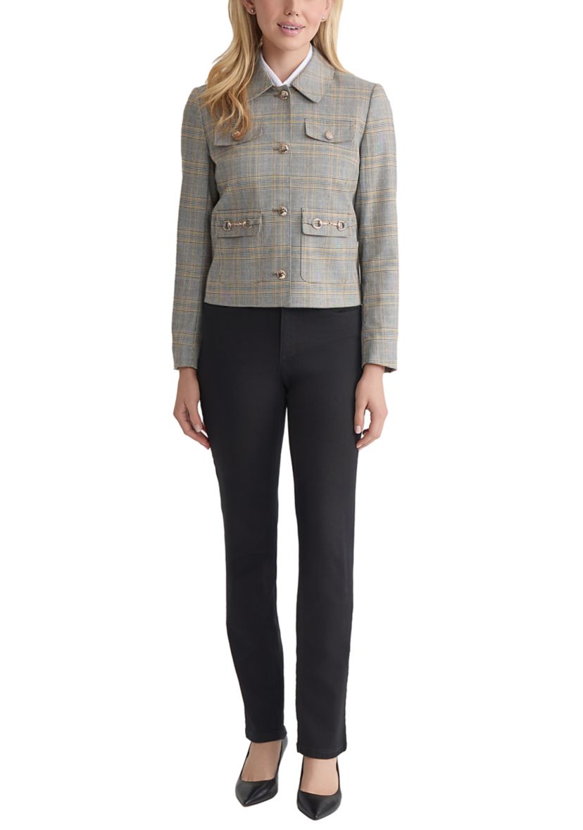 Petite Button Down Jacket with Pockets - Glen Plaid