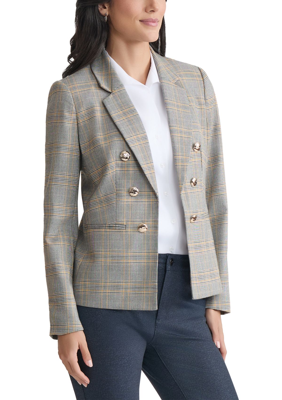 Womens Plaid Faux Double Blazer 