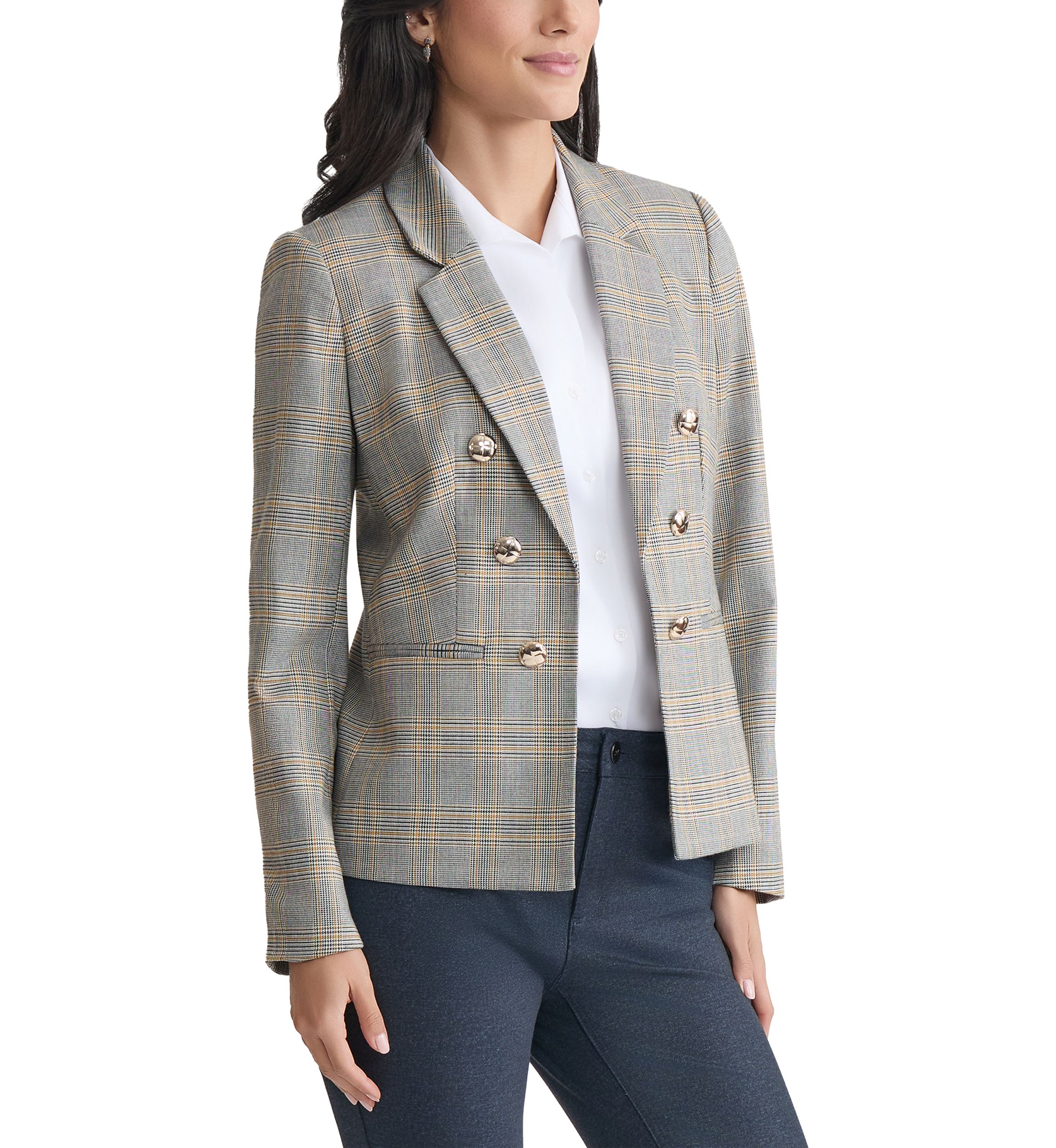 Womens Plaid Faux Double Blazer 