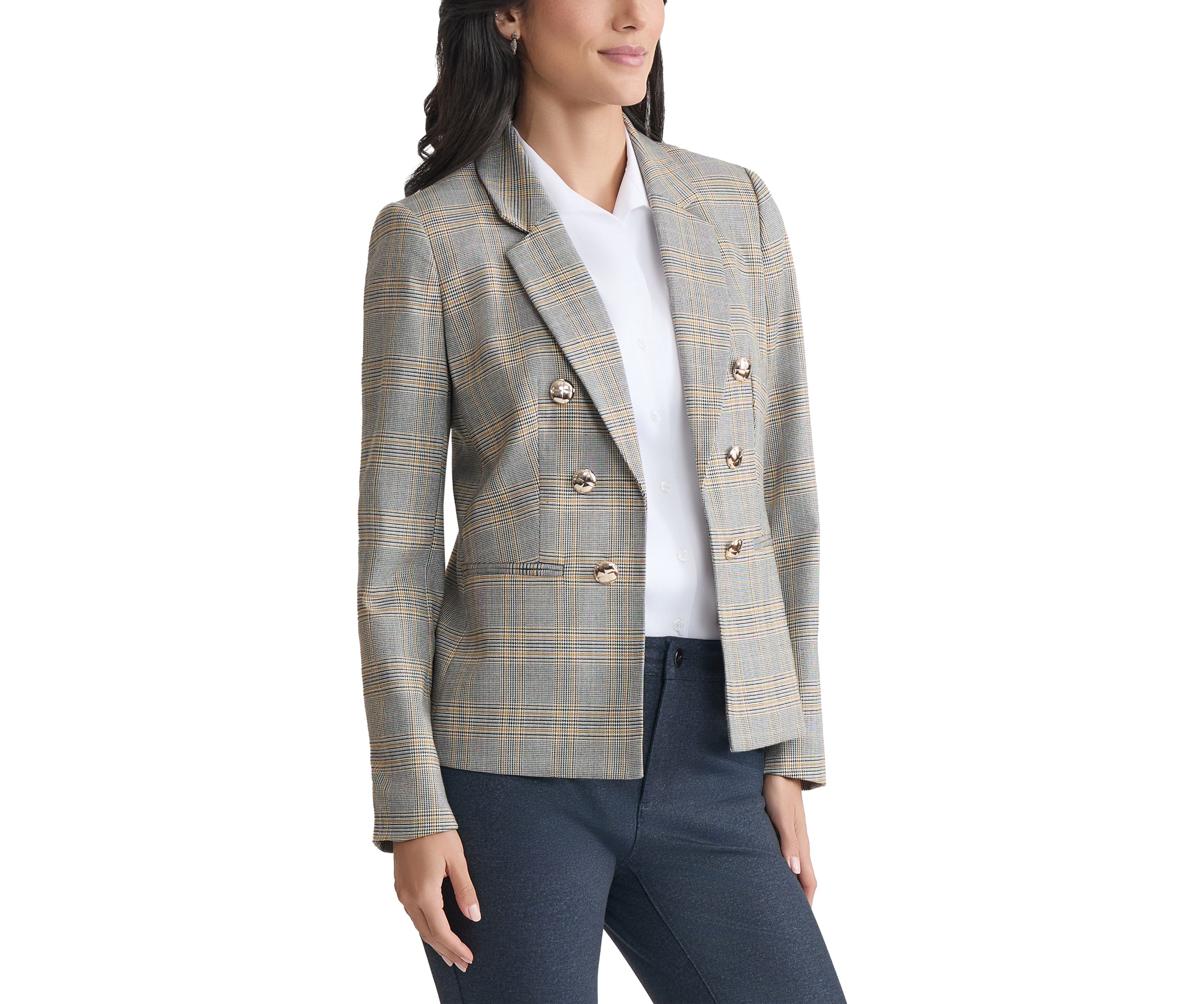 Womens Plaid Faux Double Blazer 