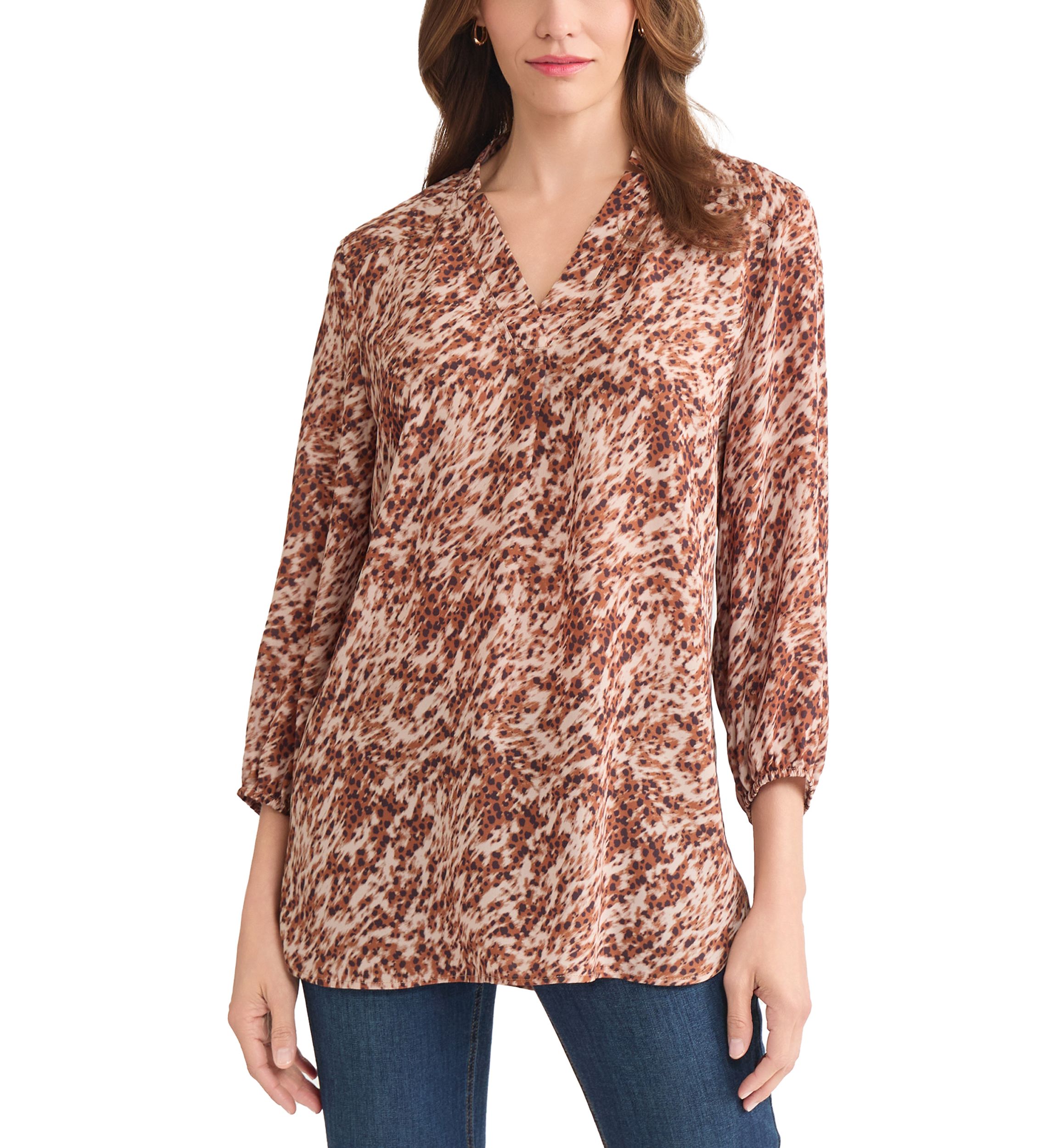 Womens 3/4 Sleeve V-Neck Printed Tunic