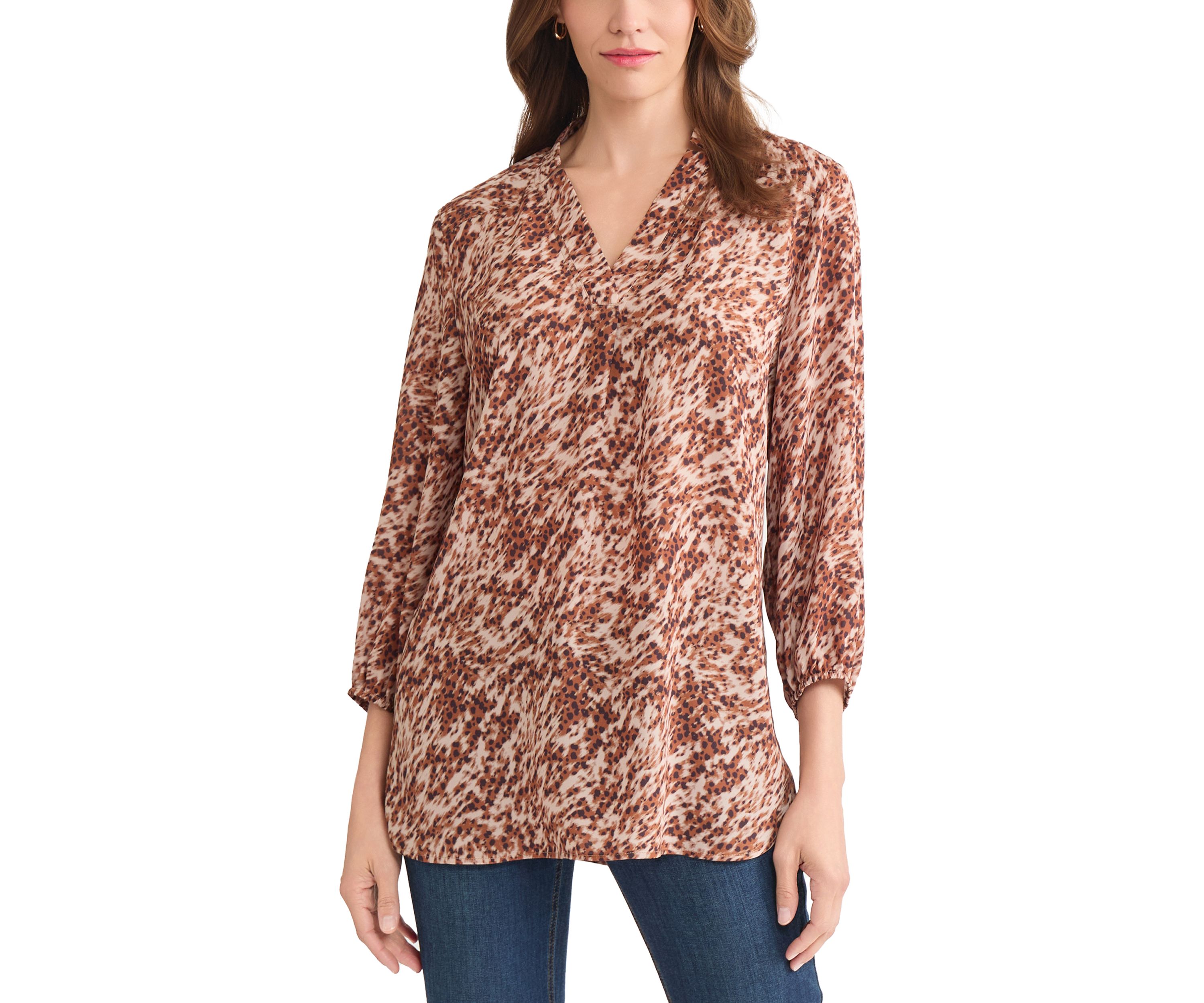 Womens 3/4 Sleeve V-Neck Printed Tunic