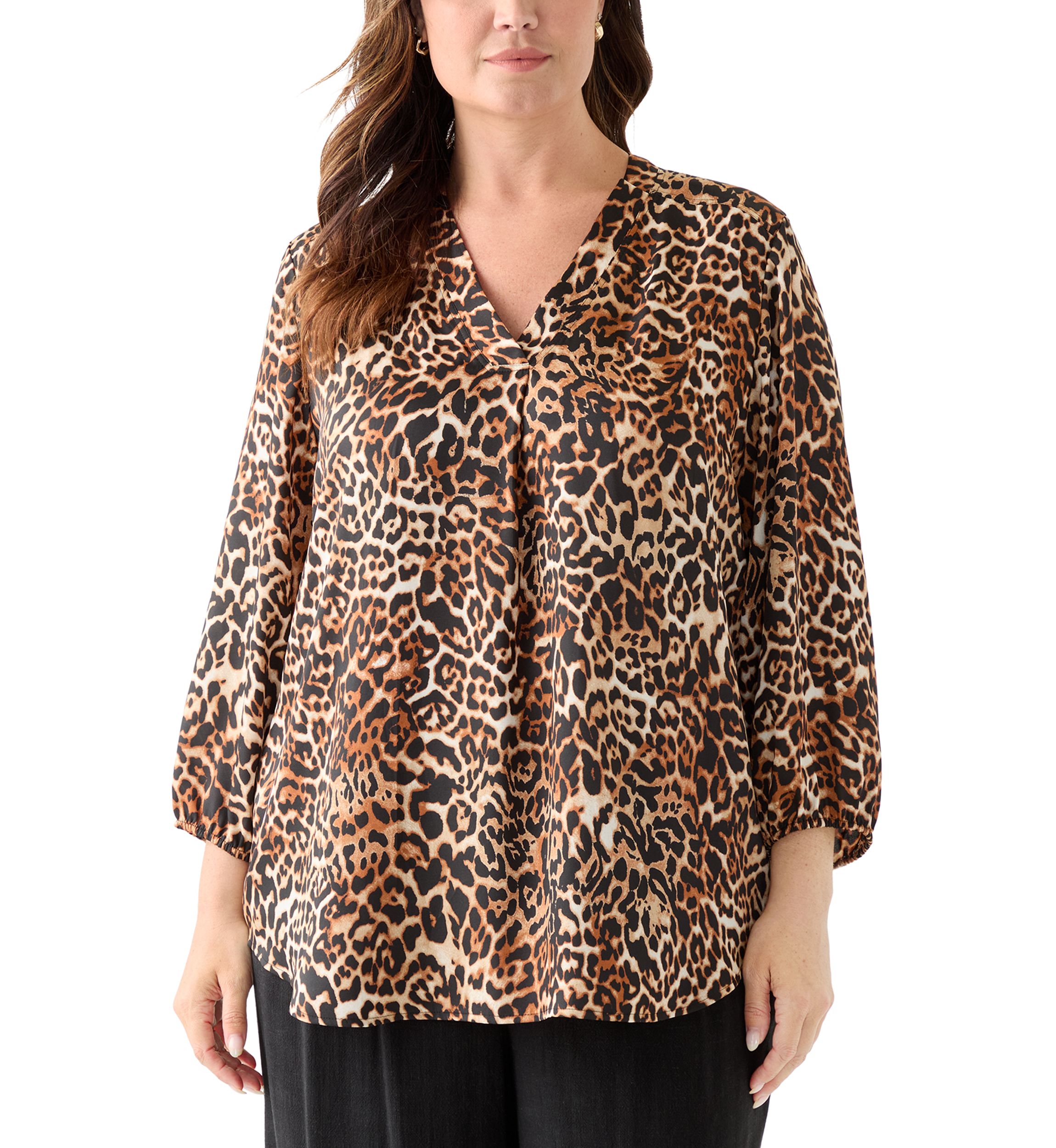 Plus Size 3/4 Sleeve Satin V-Neck Shirt