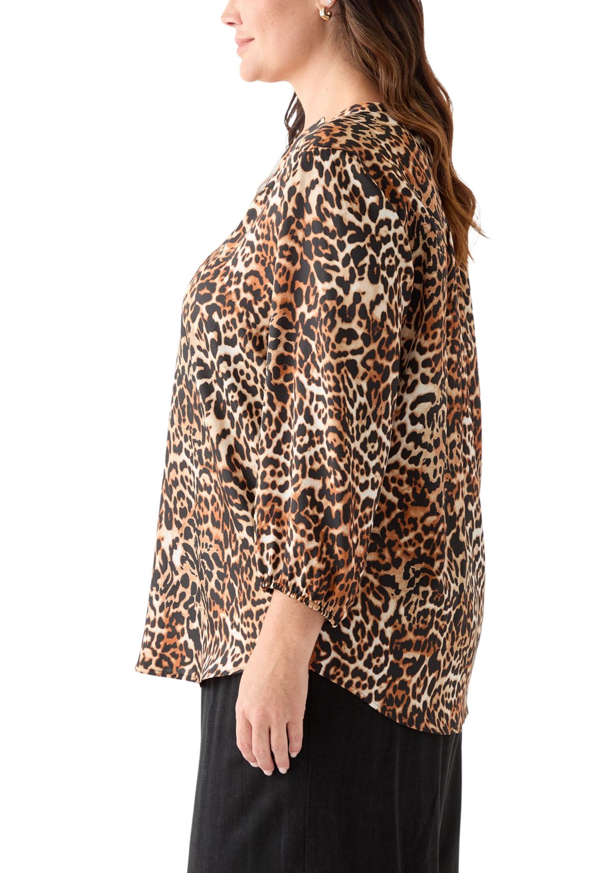 Plus Size 3/4 Sleeve Satin V-Neck Shirt