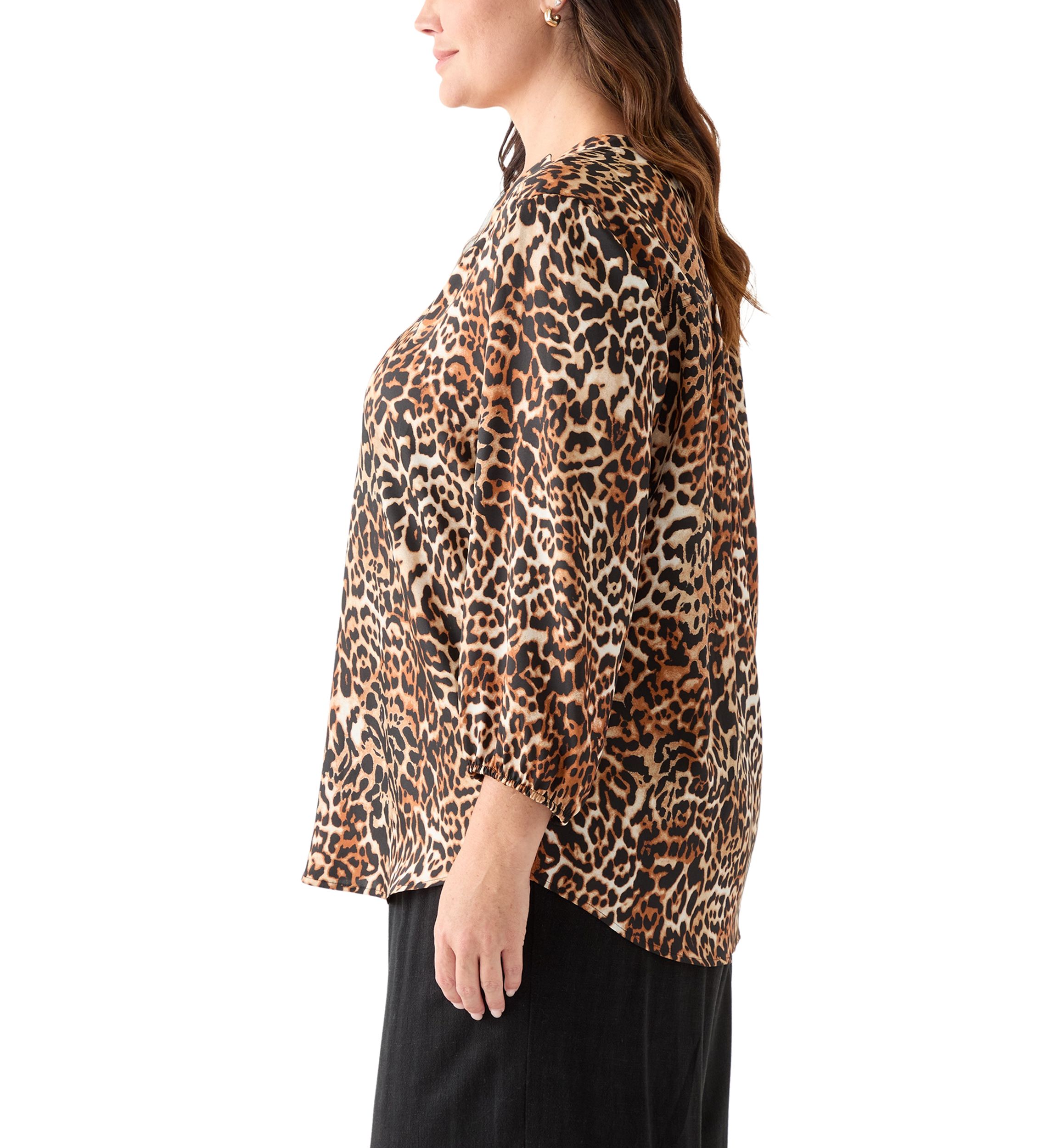Plus Size 3/4 Sleeve Satin V-Neck Shirt