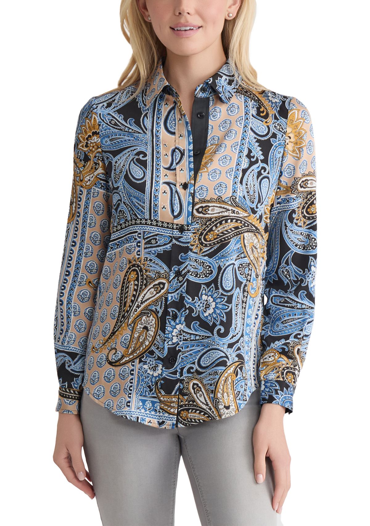 Womens Long Sleeve Printed Satin Shirt