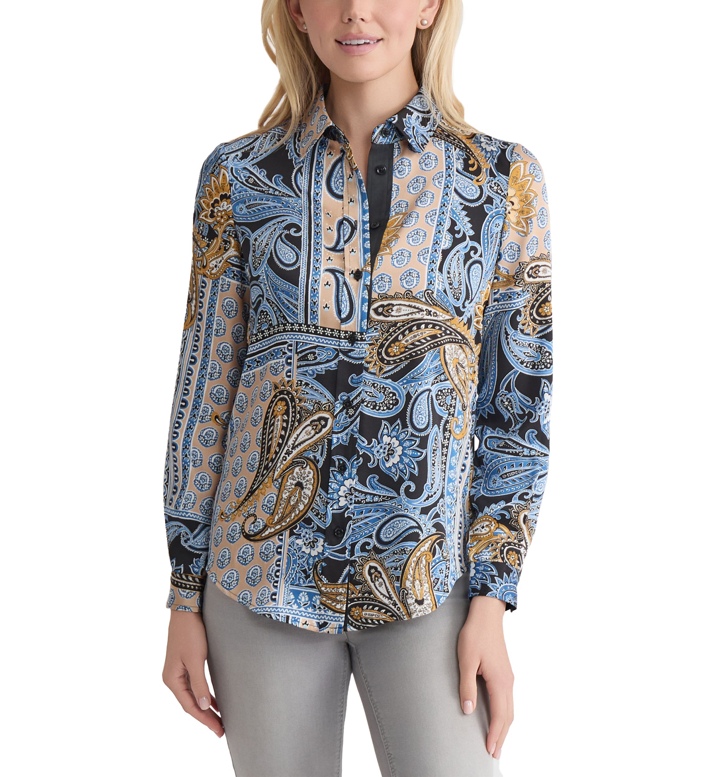 Womens Long Sleeve Printed Satin Shirt