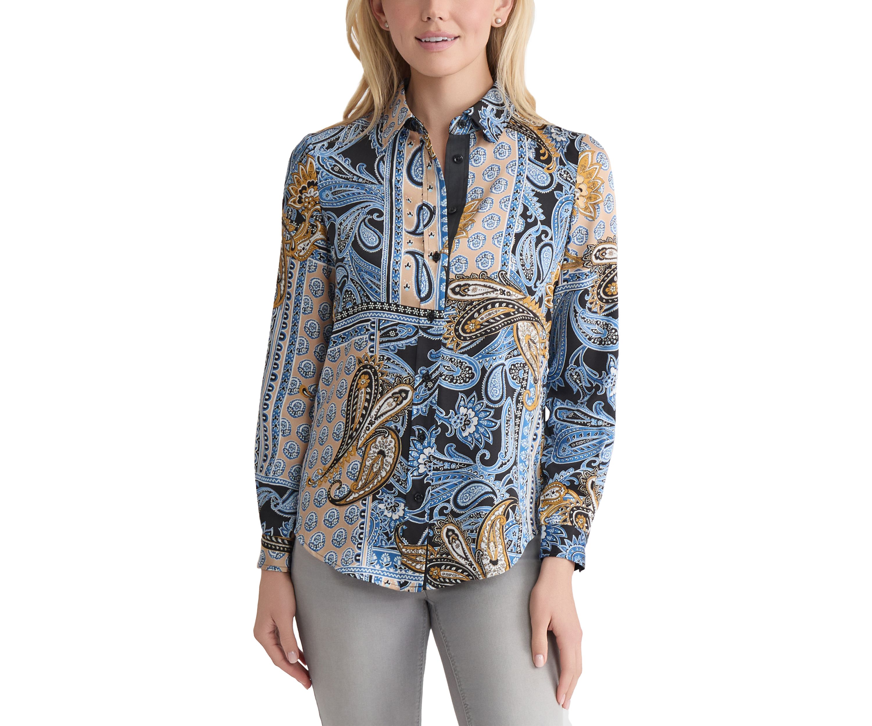 Womens Long Sleeve Printed Satin Shirt