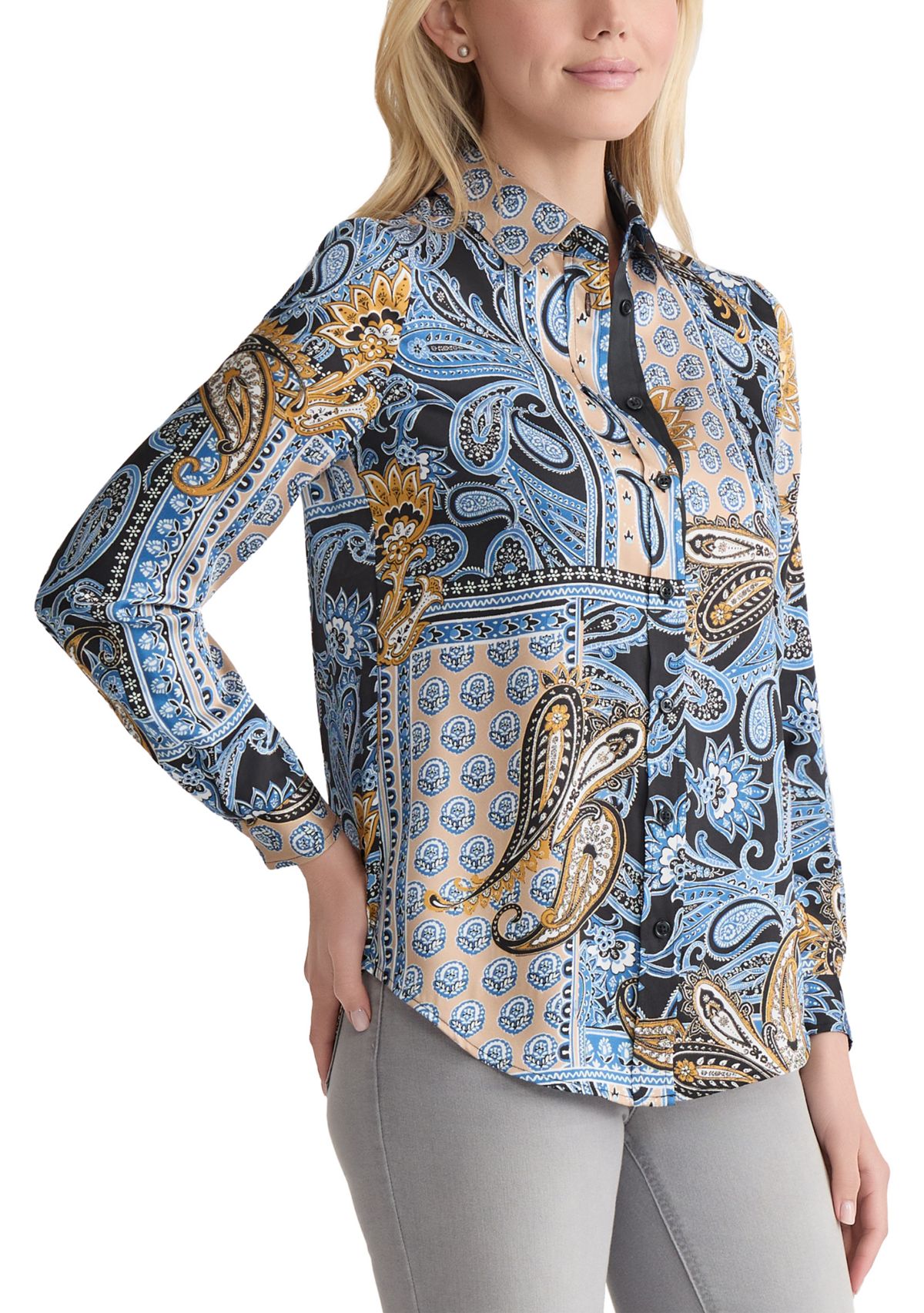 Womens Long Sleeve Printed Satin Shirt