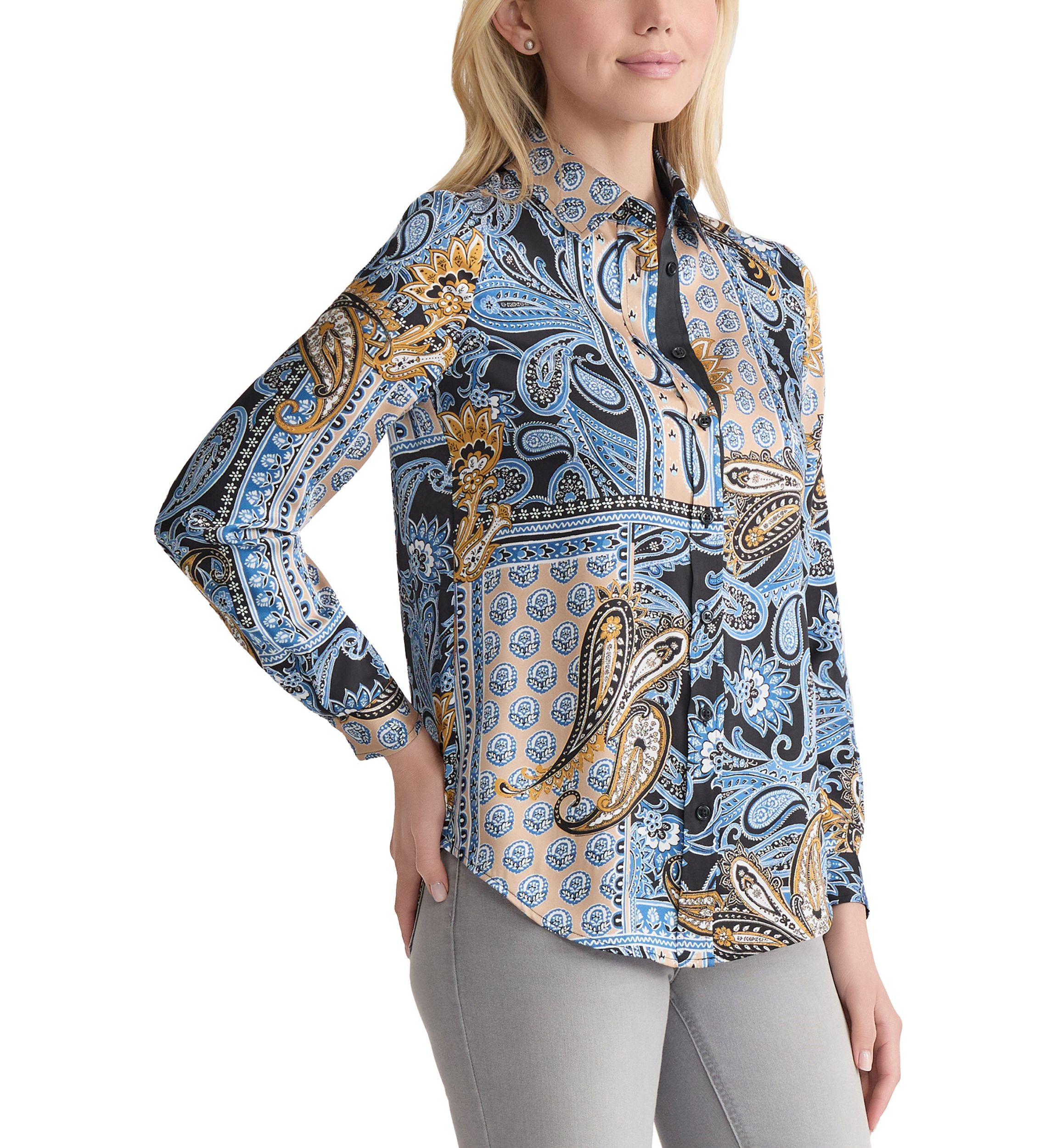 Womens Long Sleeve Printed Satin Shirt