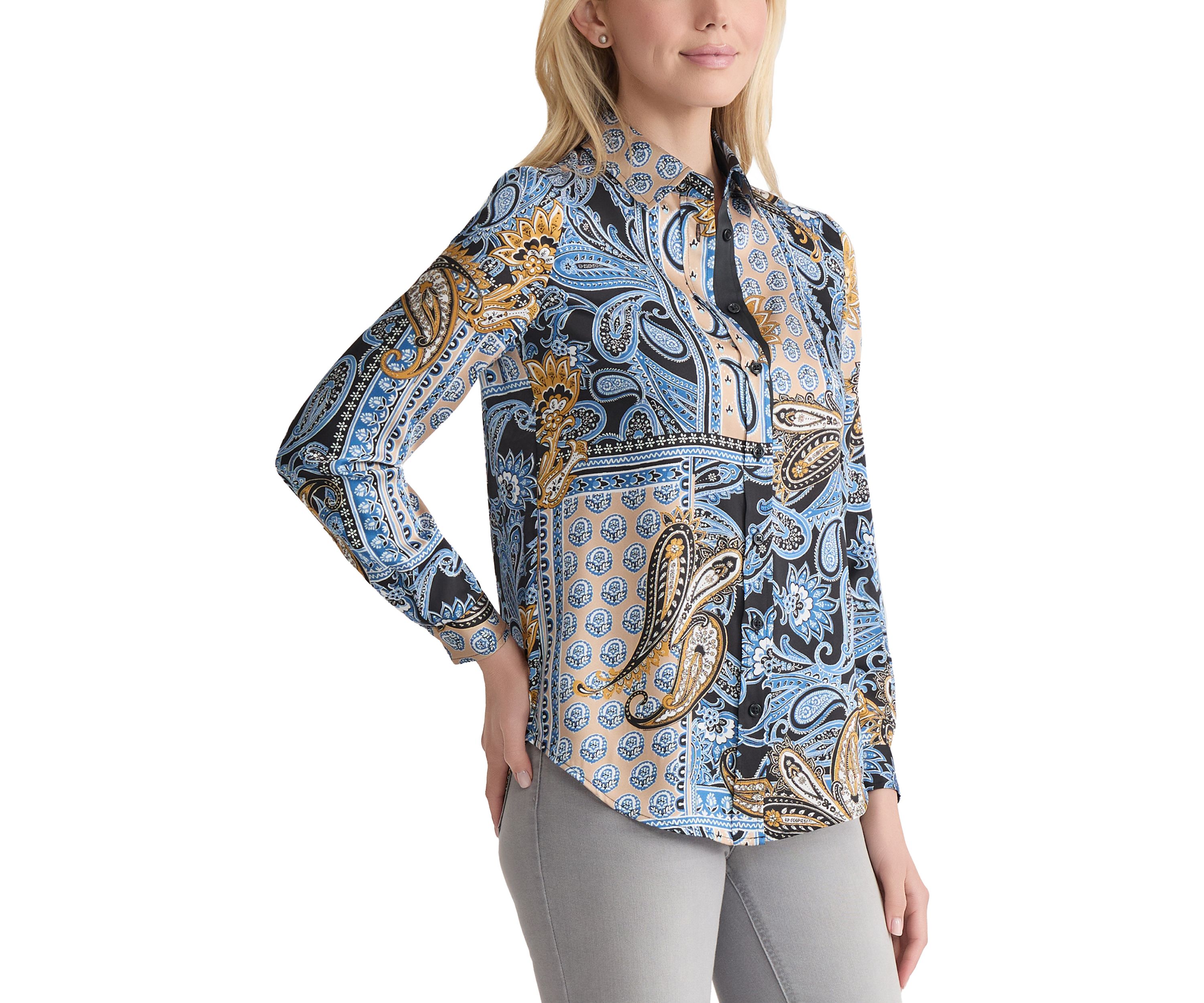 Womens Long Sleeve Printed Satin Shirt