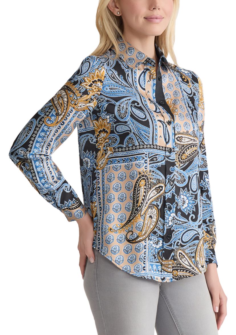 Womens Long Sleeve Printed Satin Shirt