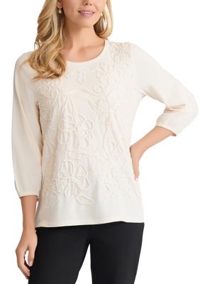 JONES NEW YORK Women's Three-Quarter Sleeve Embellished Top, White, Small