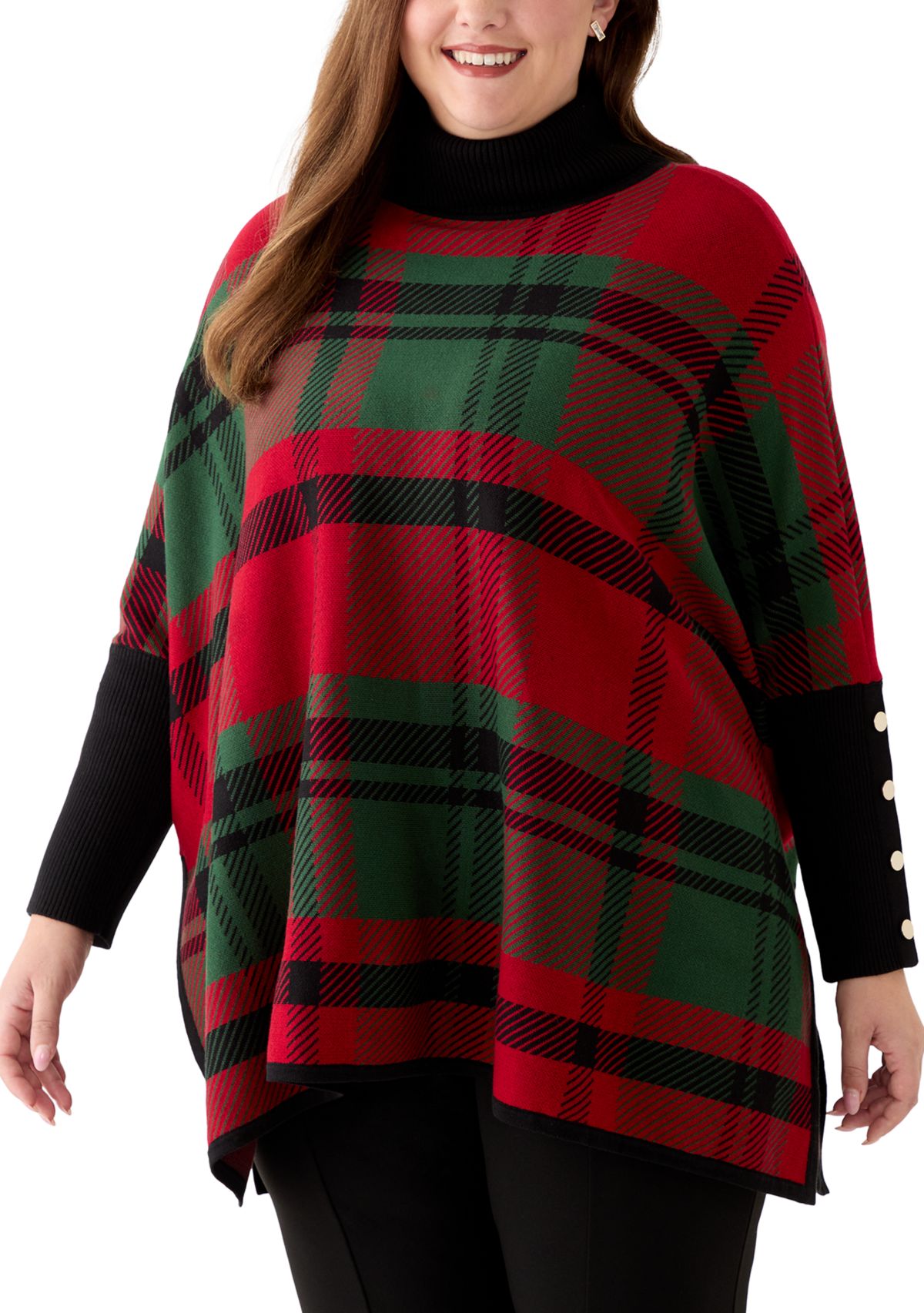 Plus Size Jacquard Plaid Funnel Turtleneck 
