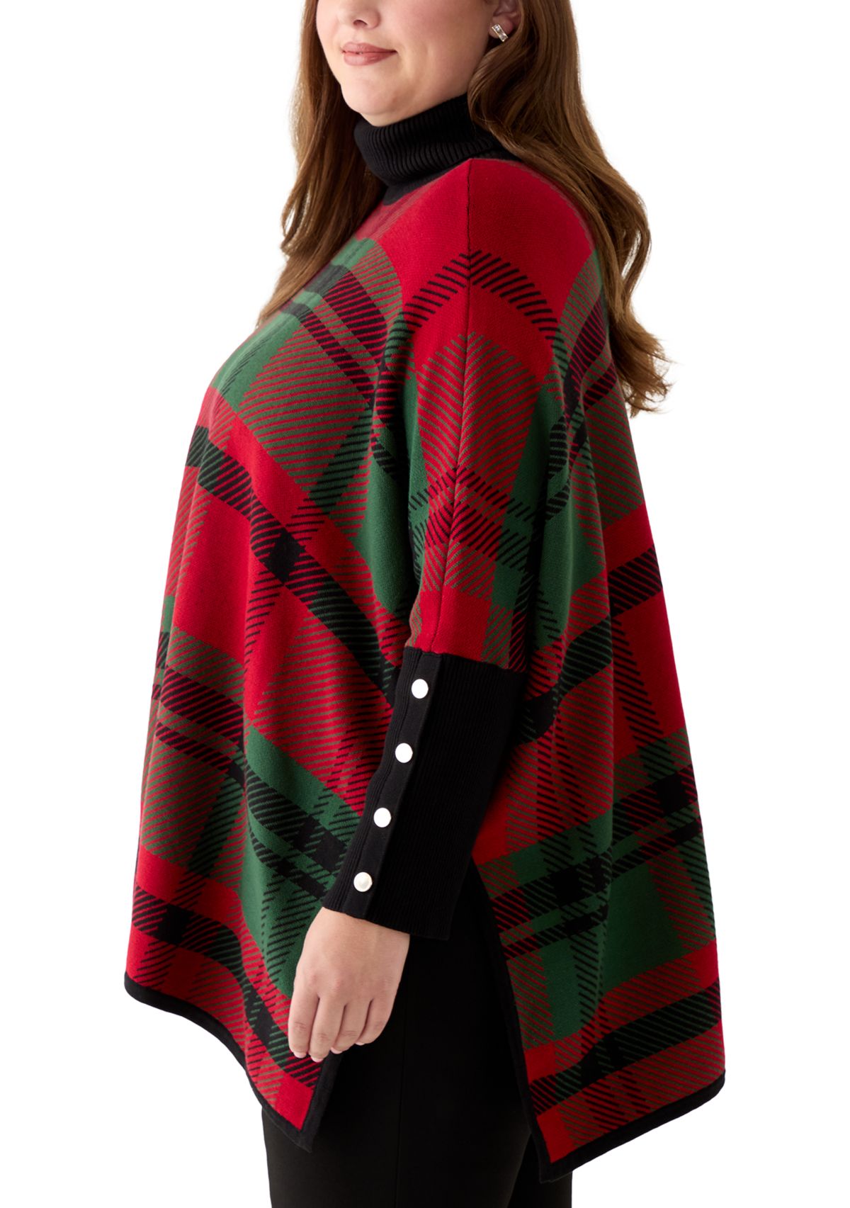 Plus Size Jacquard Plaid Funnel Turtleneck 