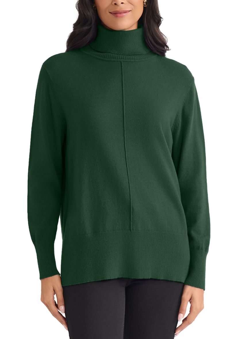 Womens Pin Tuck Mock Neck Boucle Tunic Sweater