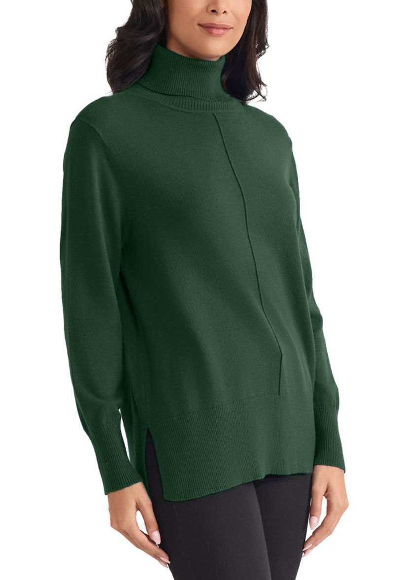 Womens Pin Tuck Mock Neck Boucle Tunic Sweater