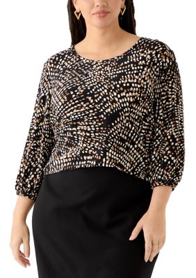 JONES NEW YORK Women's Plus Size Crew Neck Button Sleeve Printed Blouse, Black, 2X