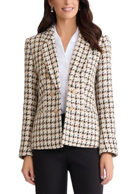 JONES NEW YORK Women's Faux Tweed Double Breasted Houndstooth Jacket, White, Small