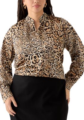JONES NEW YORK Women's Plus Size 1/2 Placket Long Sleeve Popover Top