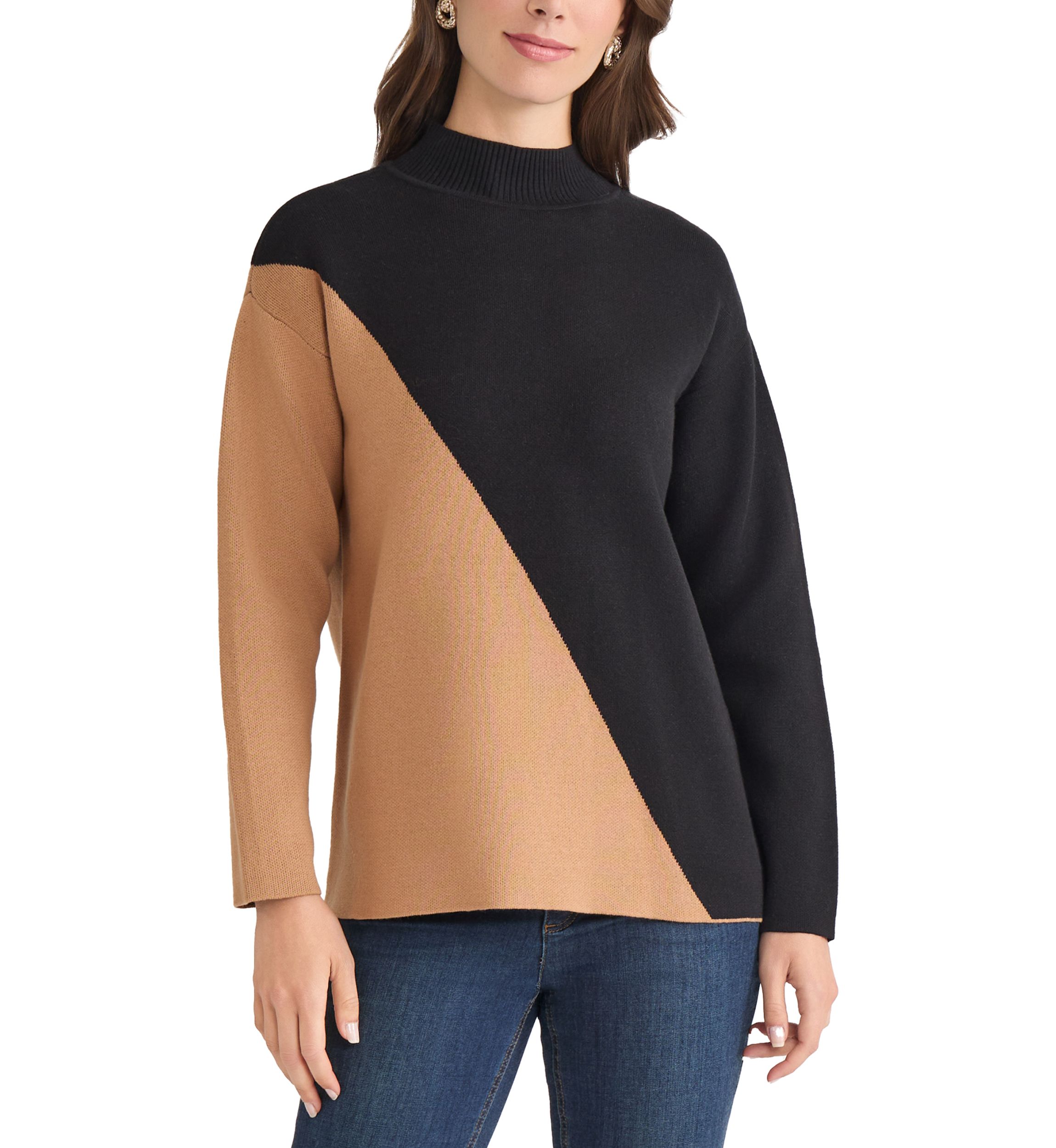 Womens Color Block Mock Neck Sweater