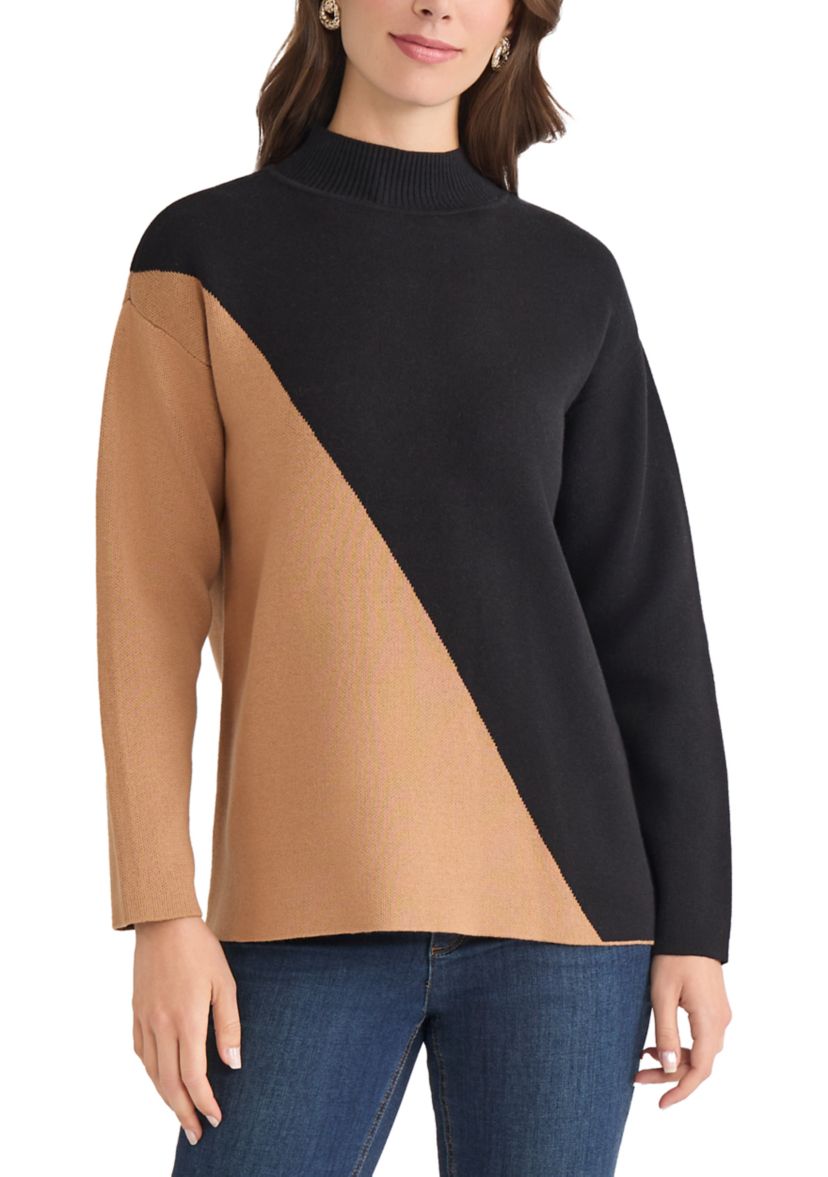 Womens Color Block Mock Neck Sweater