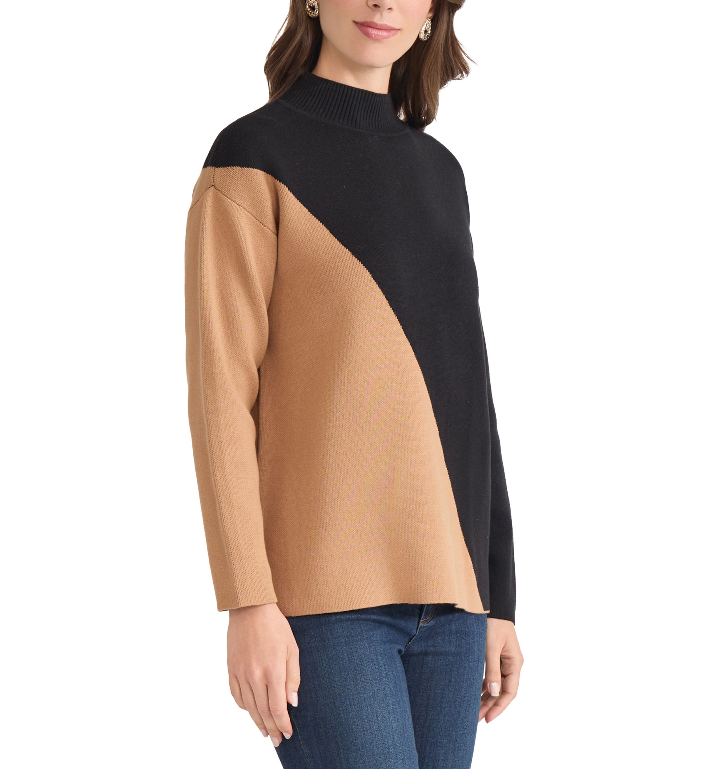 Womens Color Block Mock Neck Sweater
