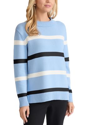 JONES NEW YORK Women's Long Sleeve Striped Sweater, Blue, XL