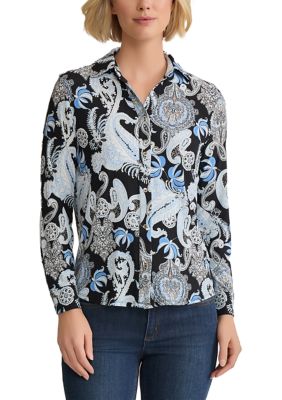 JONES NEW YORK Women's Long Sleeve Button Up Top, Black, XL