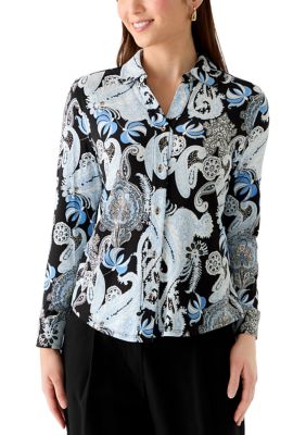 JONES NEW YORK Women's Petite Long Sleeve Cuff Button Up Top, Black, PS