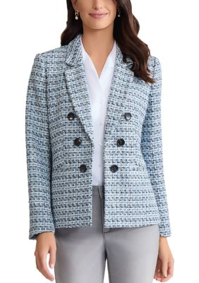 JONES NEW YORK Women's Petite Long Sleeve Faux Double Breasted Tweed Blazer, Blue, PM