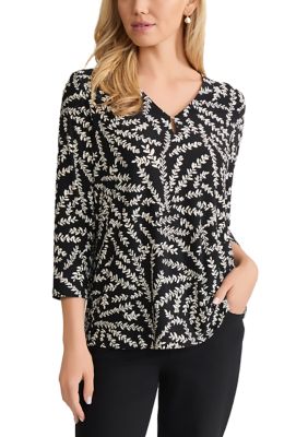 JONES NEW YORK Women's Three-Quarter Sleeve V-Neck Top with Trim