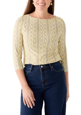 JONES NEW YORK Women's Petite Three-Quarter Sleeve Boat neck Top