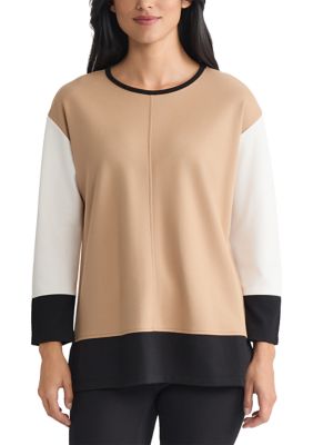 JONES NEW YORK Women's Petite Color Blocked 3/4 Dolman Sleeve Tunic â Serenity Knit, PS
