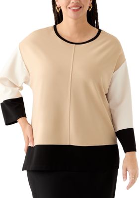 JONES NEW YORK Women's Plus Size Color Blocked 3/4 Dolman Sleeve Seam Detail Tunic Serenity Knit