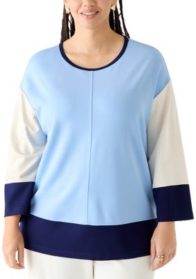 JONES NEW YORK Women's Plus Size Color Blocked 3/4 Dolman Sleeve Seam Detail Tunic Serenity Knit, Blue, 2X