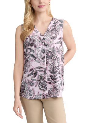 JONES NEW YORK Women's Sleeveless Pleat Front Top, Pink, Large
