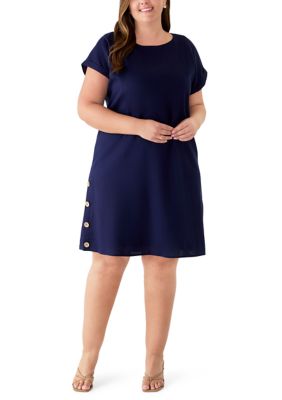 JONES NEW YORK Women's Plus Size Short Sleeve Linen Side Button Detail Dress, Navy Blue, 2X