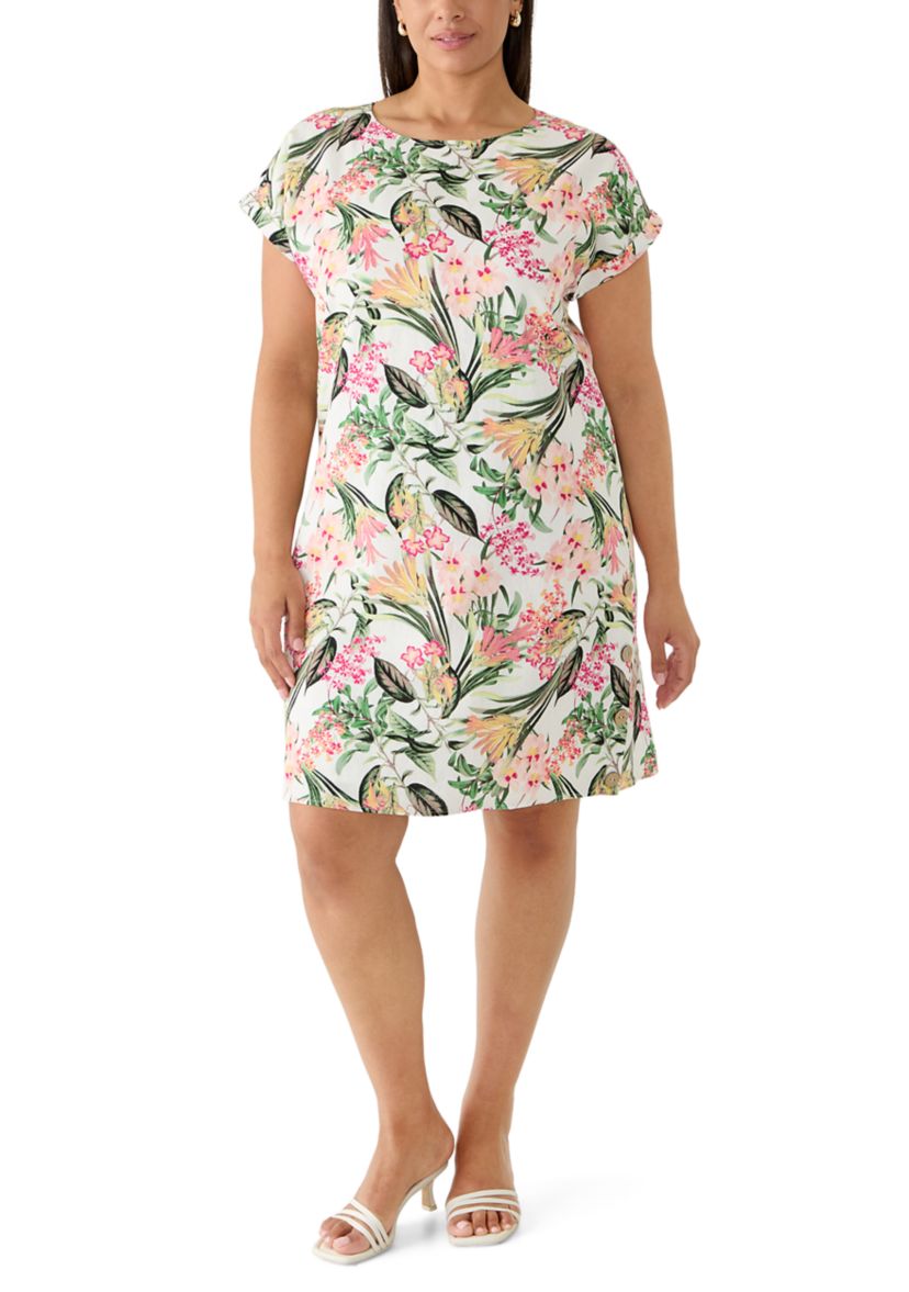 JONES NEW YORK Plus Size Short Sleeve Printed Linen Side Button Detail Dress  | Belk