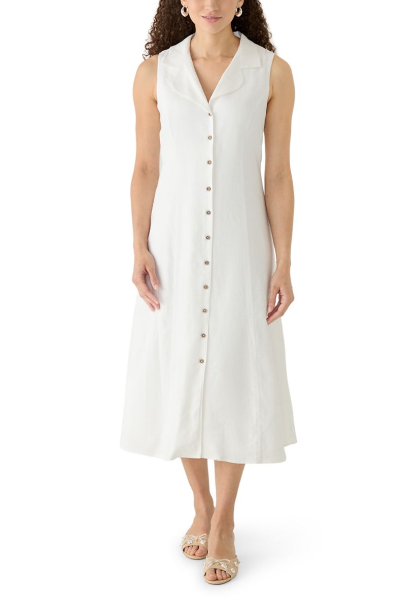 Jones New York Women's Petite Sleeveless Linen Midi Shirtdress, White, PL