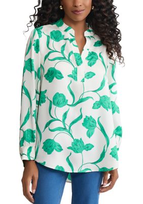 JONES NEW YORK Women's Petite Long Sleeve Half Placket Popover Print Shirt, White, PS