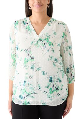 JONES NEW YORK Women's Plus Size Three-Quarter Sleeve V-Neck Clip Dot Tunic Top, White, 2X
