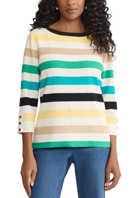 JONES NEW YORK Women's Petite 3/4 Sleeve Striped Boat Neck Sweater
