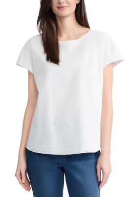 JONES NEW YORK Women's Short Sleeve Eyelet Blouse