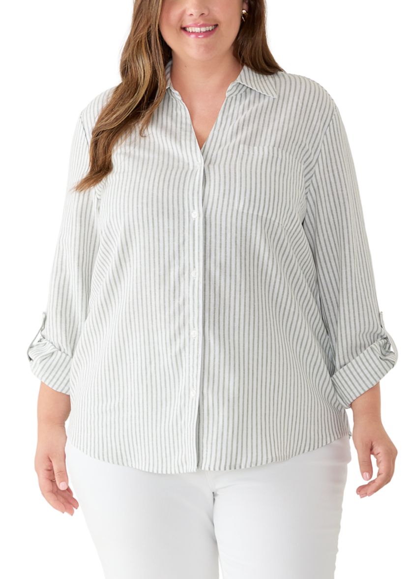 JONES New YORK Women's Plus Size Y-Neck Button Front Linen Tunic, White, 2X