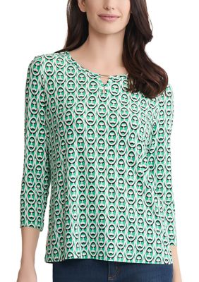 JONES NEW YORK Women's Petite 3/4 Sleeves Bar Keyhole Print Shirt