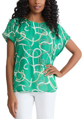 JONES NEW YORK Women's Petite Short Sleeve Button Detail Print Blouse, PL