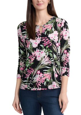 JONES NEW YORK Women's 3/4 Sleeve V-Neck Noodle Top, Black, Small