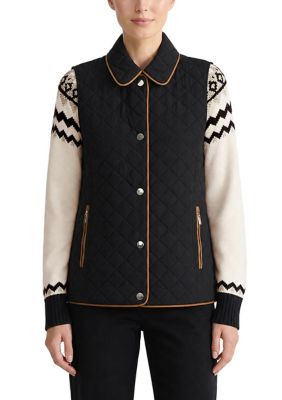 JONES NEW YORK Women's Quilted Snap-Front Vest with Faux Leather Trim and Zipper Pockets, Large