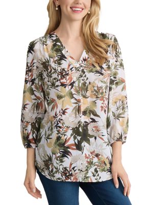 JONES NEW YORK Women's 3/4 Sleeve V-Neck Leaf Print Top, White, Large
